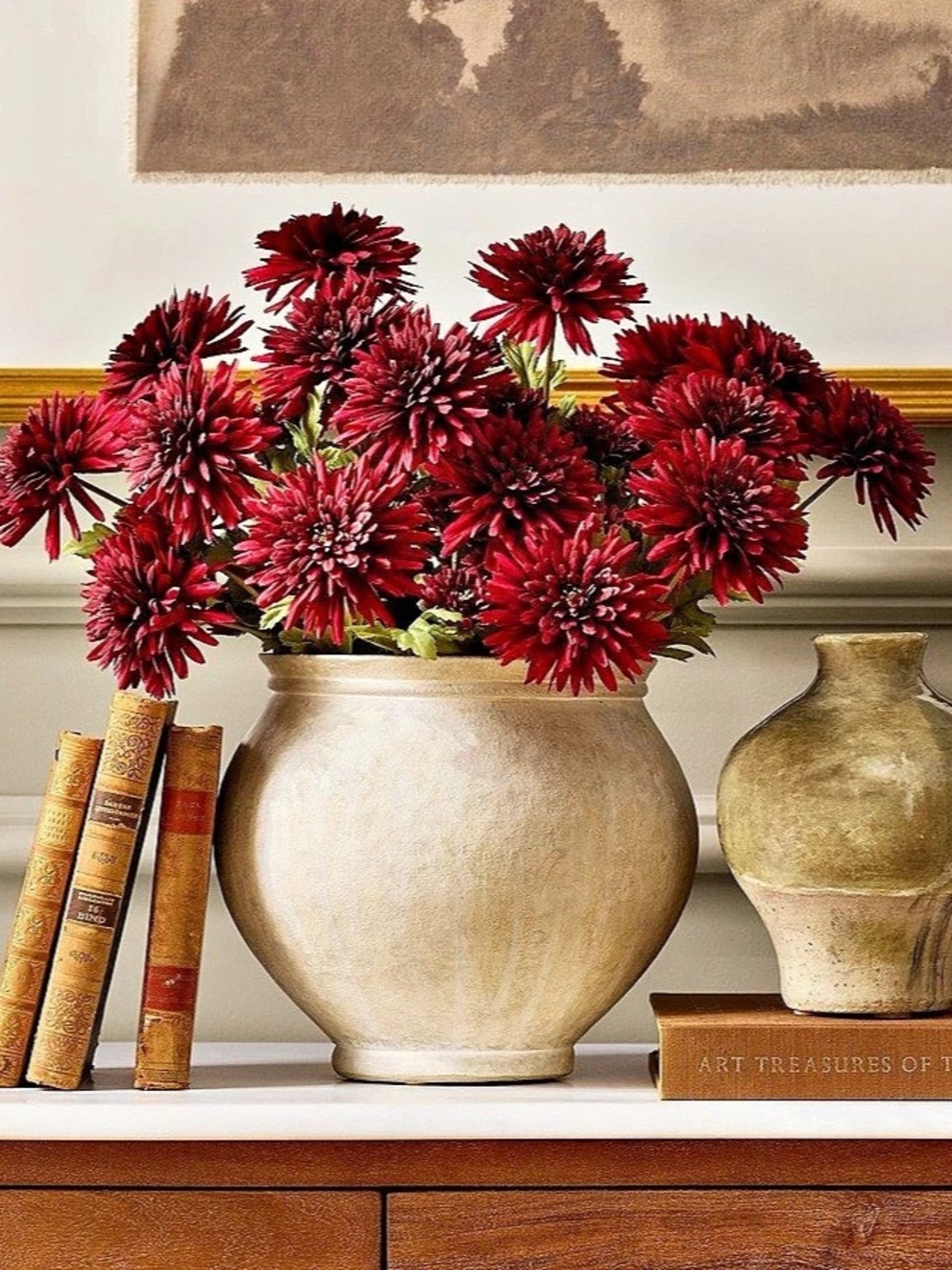 Pottery Barn Faux Mum Stems Red Burgundy Floral Stems - lot of 8